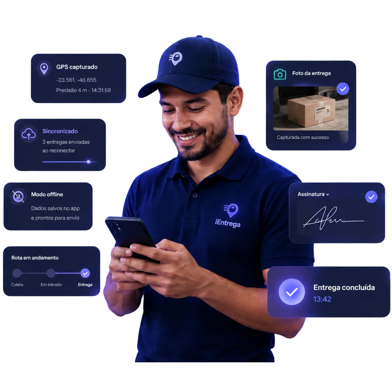 Entregador concluindo entregas no app iEntrega — GPS, foto, assinatura e comprovante